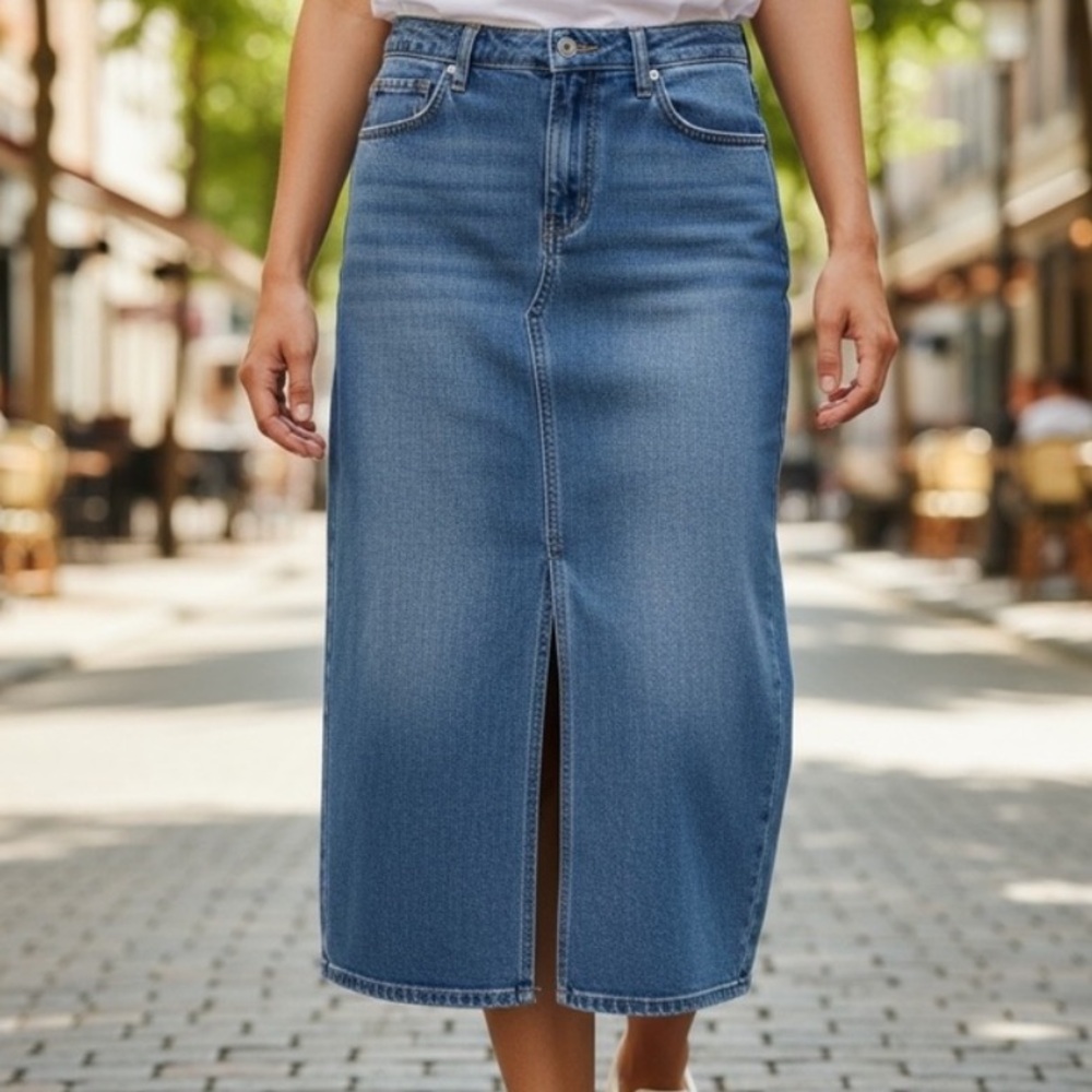 Rachel Zoe High Rise Split Front Y2K Rodeo Denim Maxi Skirt Size 6